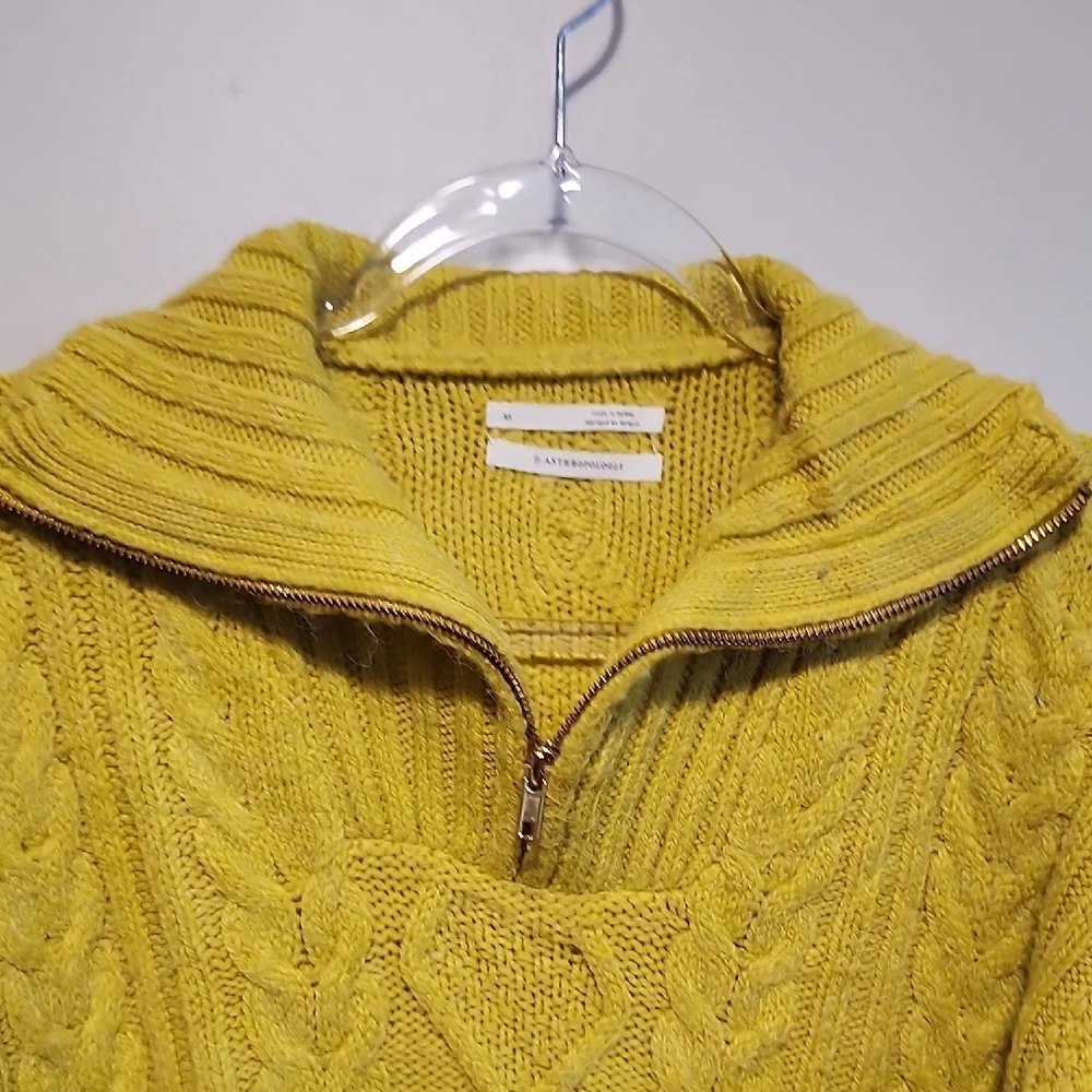 Anthropologie Lime Yellow Cropped Chunky Cable Knit Quarter Zip Sweater XS